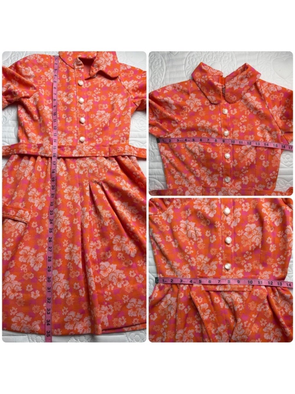 True Vintage Orange Pink White Floral Puff Sleeve Collar Mini Dress Small - Picture 8 of 10
